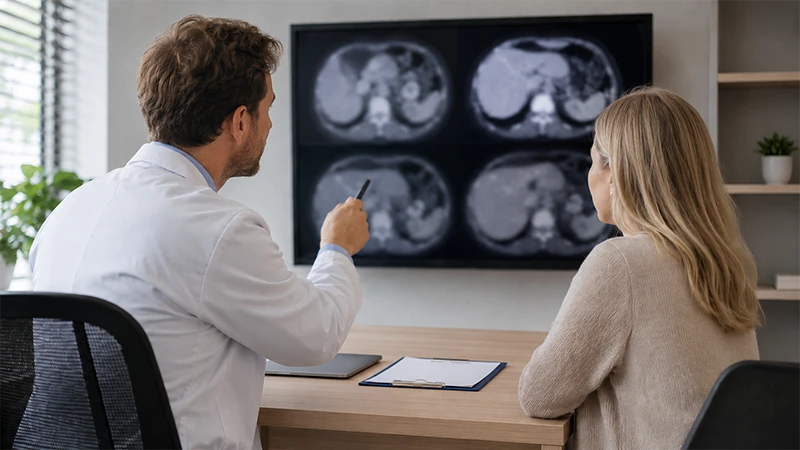 Arzt erläutert einer Patientin ihr Leber-MRT