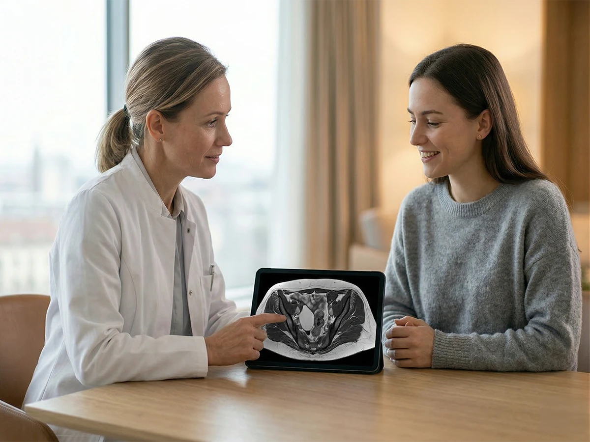 Eine erfahrene Radiologin erläutert einer Patientin ihr Becken-MRT