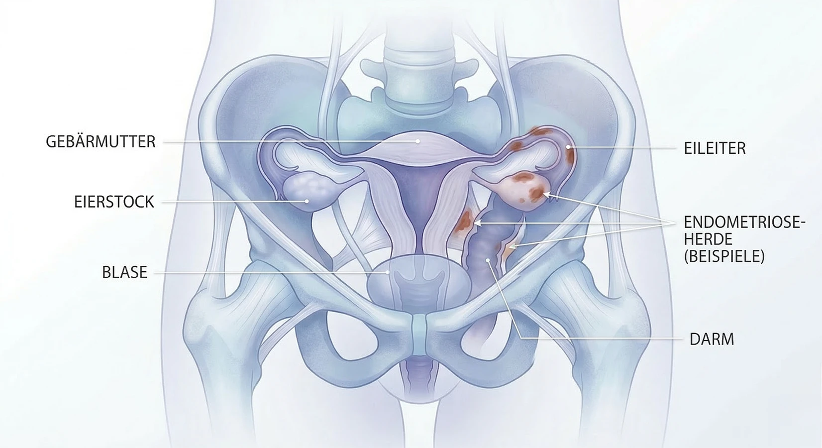 Lehrbuchillustration des weiblichen Beckens mit markierten Endometrioseherden